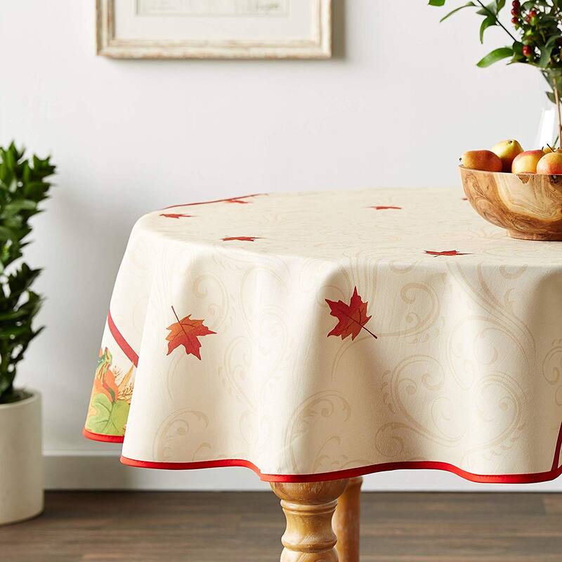 Violet Linen Fall Harvest Thanksgiving Autumn Leaves Sunflowers Tablecloth - 60" Round - Ivory