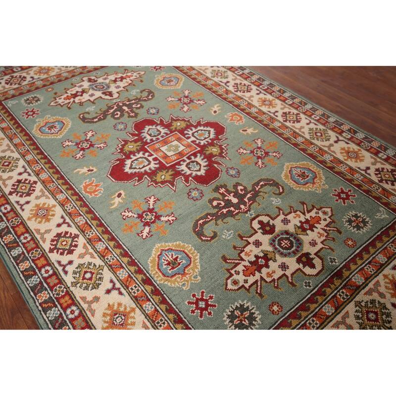 Hand Knotted Oriental 100% Wool Carpet Traditional Geometric Green Kazak Area Rug - 5' 10'' X 3' 11''