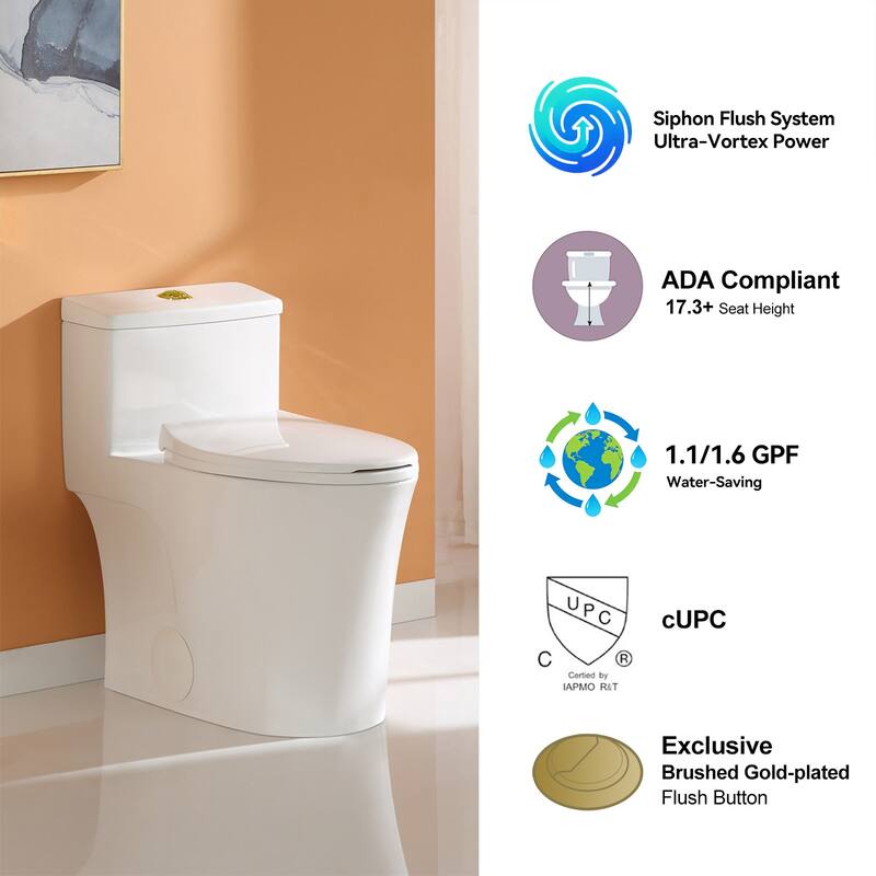 HOROW 1 Piece Dual Flush Elongated Toilet White 1.1/1.6 GPF Seat Included Brushed Gold Button - N/A