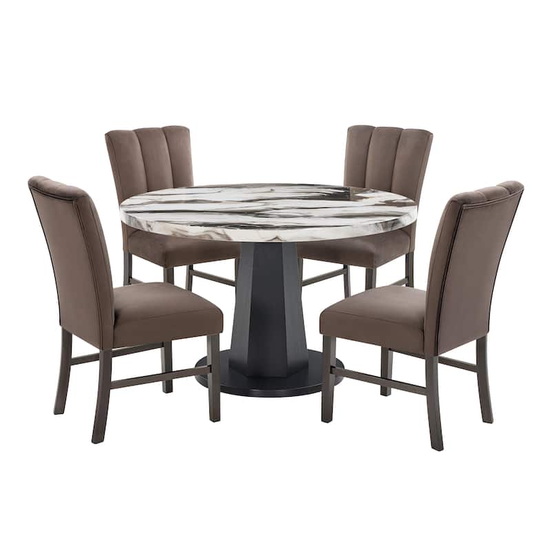 Roundhill Furniture Cavira 5-Piece Modern Dining Set, Round Faux Marble Dining Table with Four Chairs