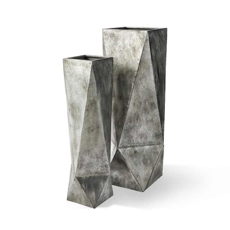 Glitzhome Antique Silver Geometric Metal Modern Rectangular Vases(Set of 2)