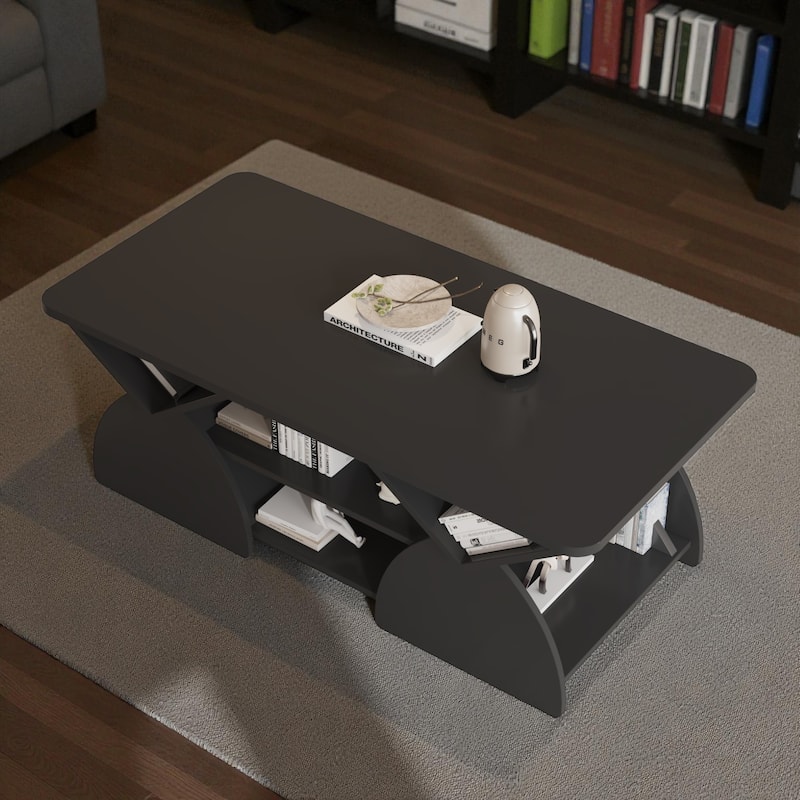 47.2'' Modern Engineered Wood Coffee Table with Open Storage Shelves, Rounded Corners & Sturdy Frame for Living Room