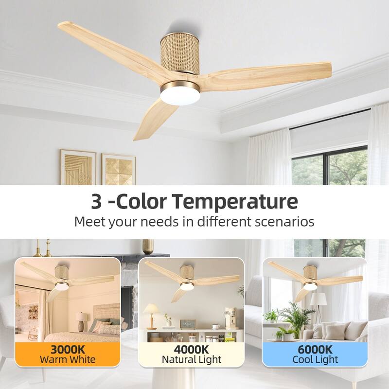 MLiAN 52 In. 3 Solid Wood Blades Flush Mount Ceiling Fan with Light Kit - 52"