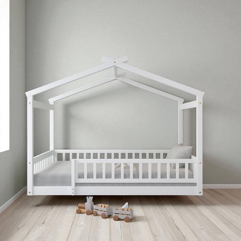 Twin/Full Size Wooden House Bed Frame with Fence and Roof, Playhouse Style for Kids and Teens