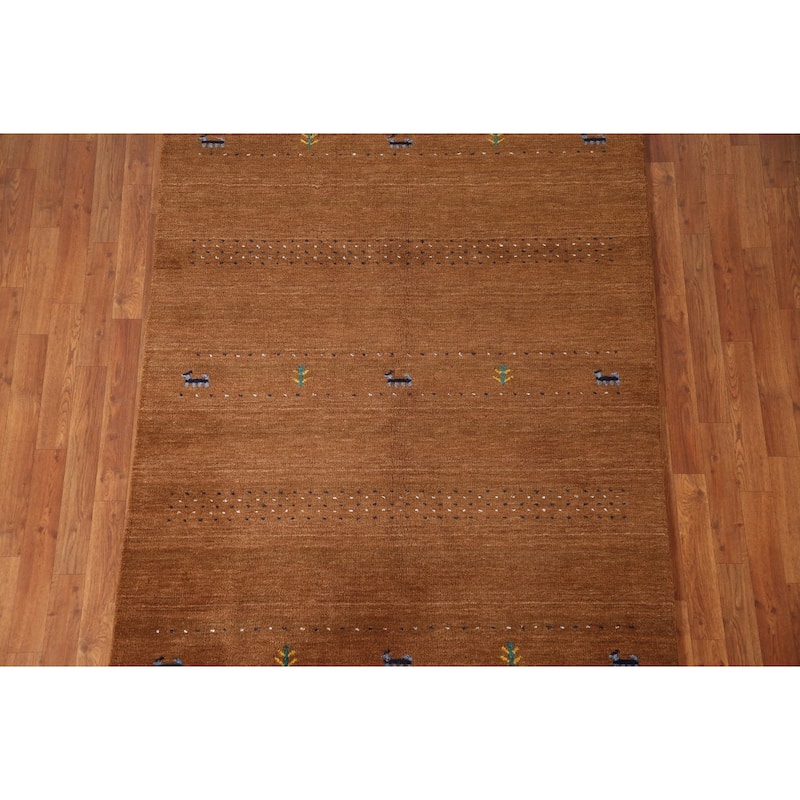Brown Animals Tribal Gabbeh Oriental Area Rug Wool Carpet - 4'8"x 6'6"