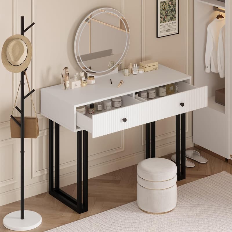 Vanity Desk with Mirror and 3 Color Lights and Adjustable Brightness