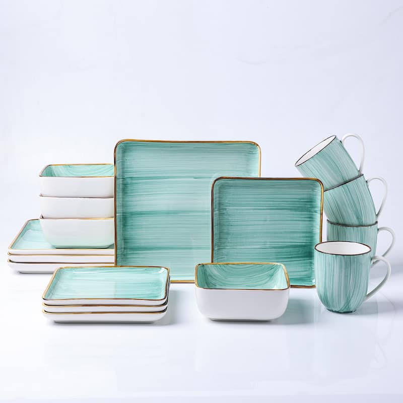 Stone Lain Brushed Porcelain Square Dinnerware Set - Turquoise - 16 Piece