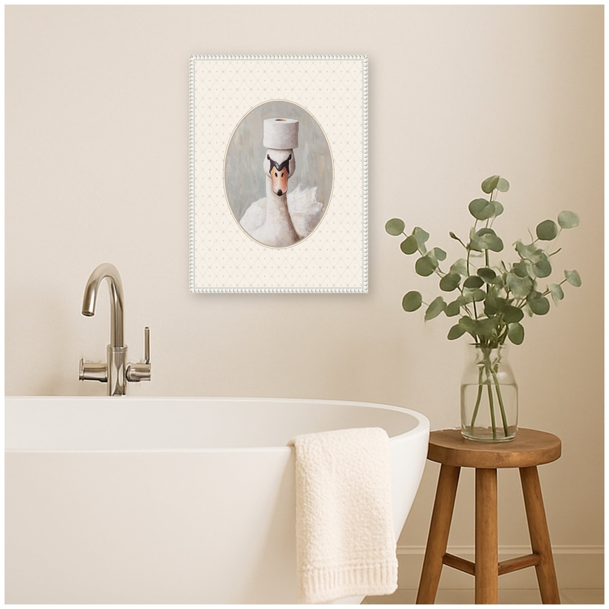 Kate and Laurel White Swan & Toilet Paper Bathroom by The Creative Bunch Studio Framed Canvas Wall Art Print
