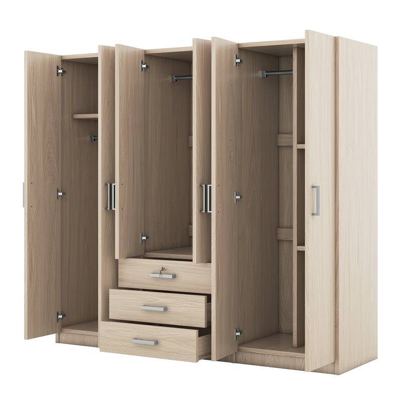 Modern Clean 6-Doors Wardrobe Wooden Armoires with 3 Storage Drawers and Built-In Hanging Rod Design