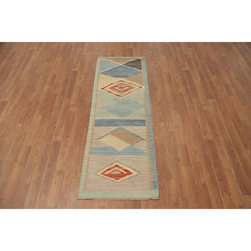 Hand Woven Oriental 100% Wool Carpet Southwestern Modern Navy Blue & Blues Kilim Runner Rug - 5' 9'' X 2' 0''