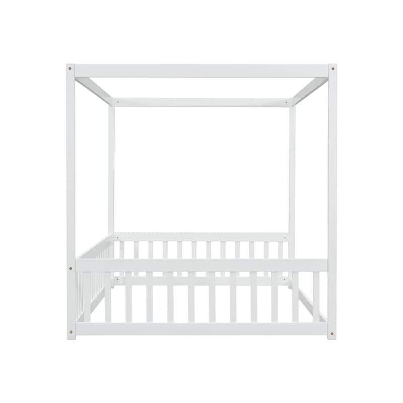 Roomfitters Full Canopy Frame Floor Bed, Rubber Wood Platform with Guardrails and Low-Profile Design, White