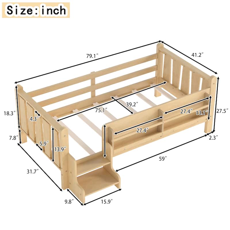 Full/Twin Floor Bed with Storage Bookcases & Cute Stairs - Solid Wood Kids Bed, No Box Spring