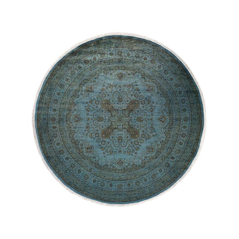 Overton Hand Knotted Wool Vintage Inspired Modern Contemporary Overdyed Blue Round Area Rug - 8' 1" x 8' 1"