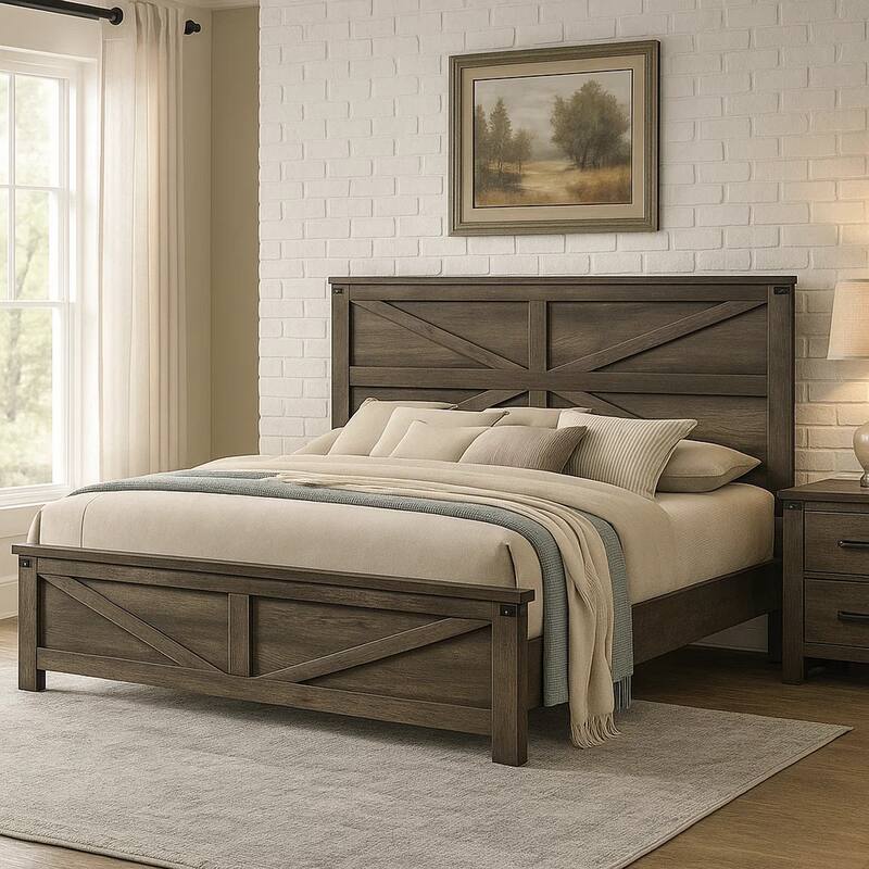 Bry King Size Bed w Chevron Panel Headboard, Rustic Gray Wood Frame