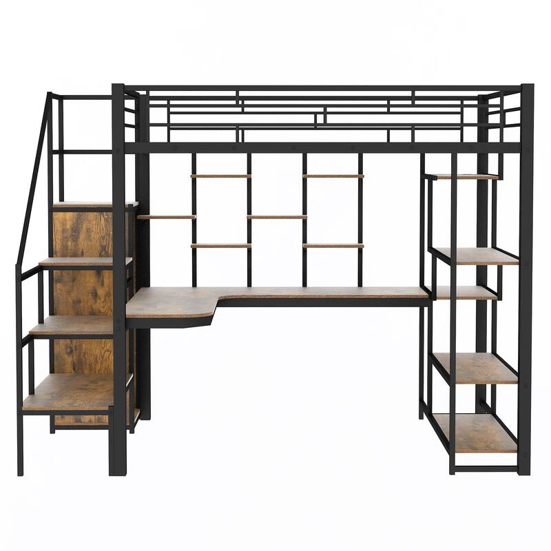 Full Size Metal Loft Bed with Storage Staircase and Small Wardrobe, Built-in Desk and Storage Shelves