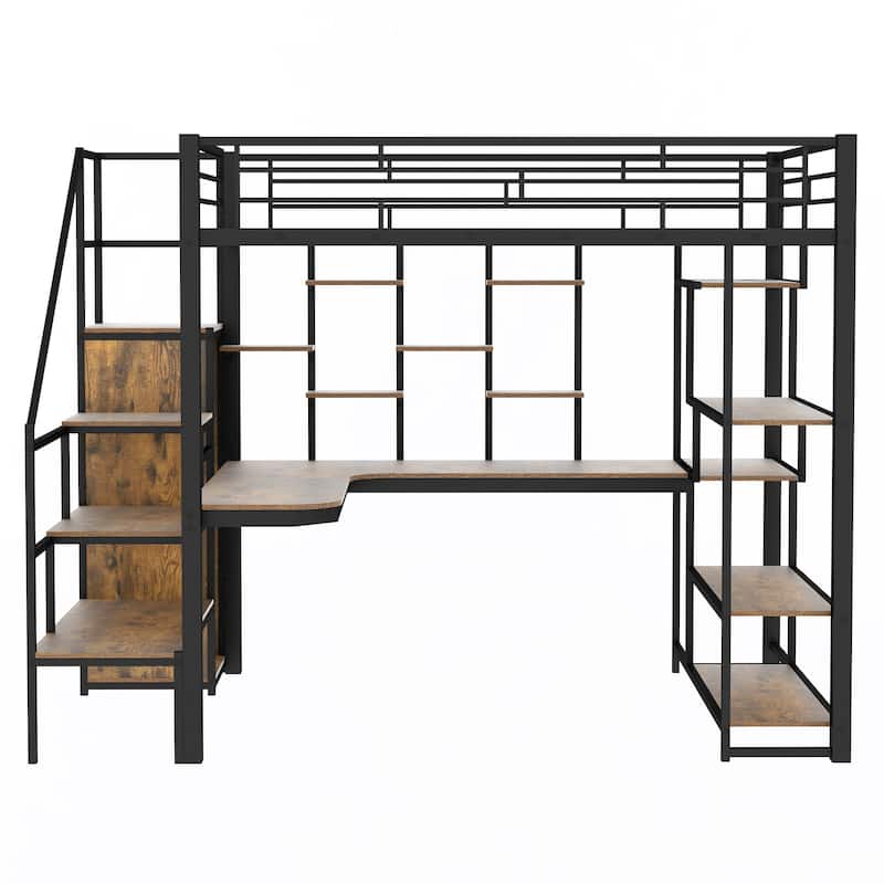 Roomfitters Full Size Metal Loft Bed with Wardrobe, Desk and Storage Staircase