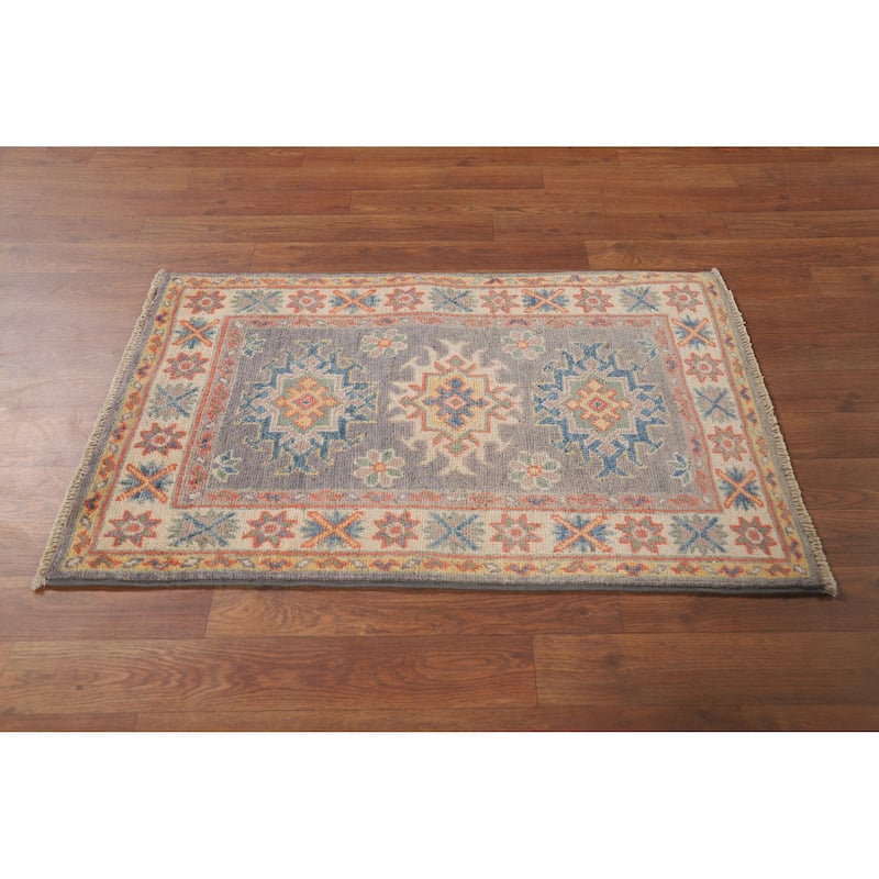 Gray Geometric Kazak Oriental Rug Handmade Wool Carpet - 2'0" x 3'0"