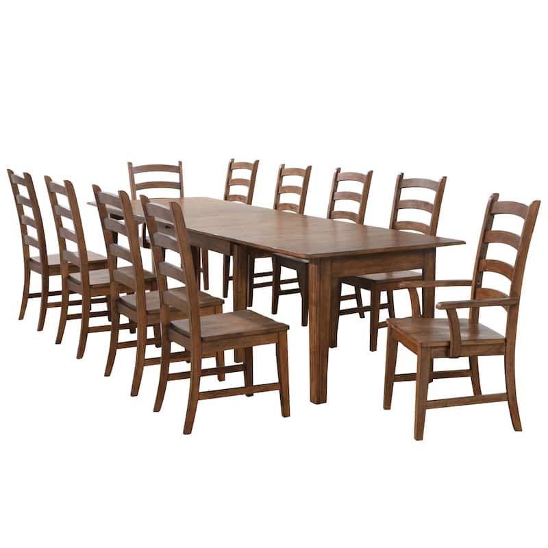 Extendable Dining Table Set - 12 Seater Rectangular Table with Chairs - Amish Brown Finish