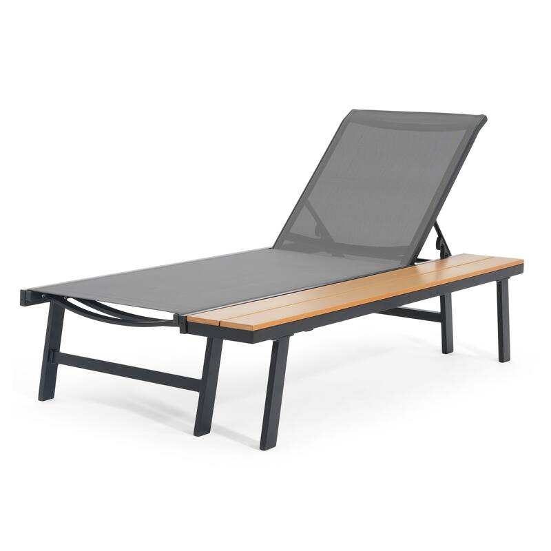 Roomfitters Waterloo Outdoor Aluminum Chaise Lounge with Attached Wood Side Table and Mesh Seat, Black