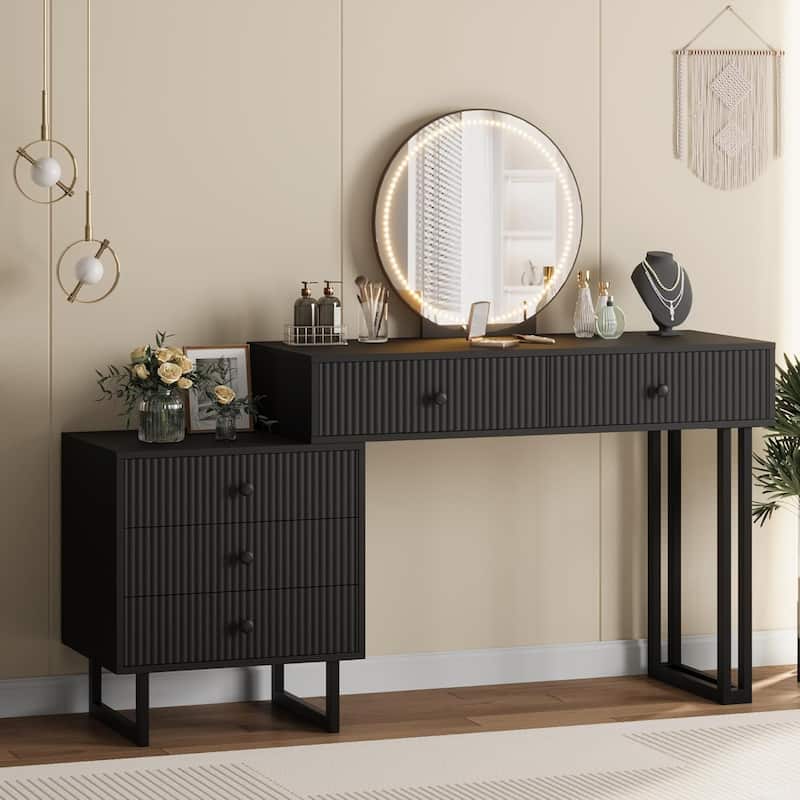Vanity Desk with Mirror and Lights,Makeup Vanity with 5 Drawers, Modern Makeup Vanity Organizer with 3 Color Lights - Black
