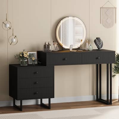 Vanity Desk with Mirror and Lights,Makeup Vanity with 5 Drawers, Modern Makeup Vanity Organizer with 3 Color Lights
