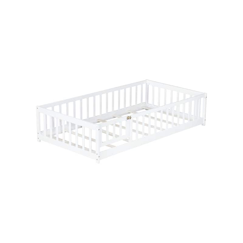 Twin Size Rubber Wood Floor Panel Bed with Safety Fence and Door