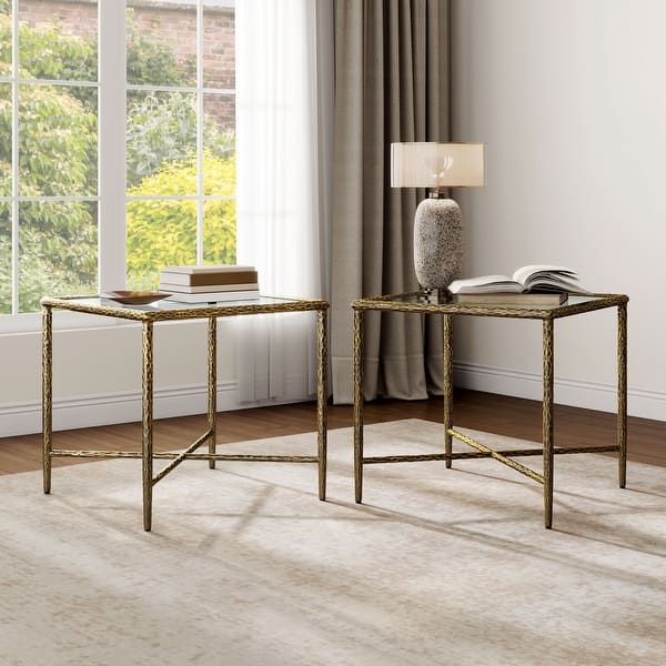 slide 2 of 18, 247 Shop At Home Lalia Modern Hammered Metal 2-Piece X-Brace End Table Set Matte Gold