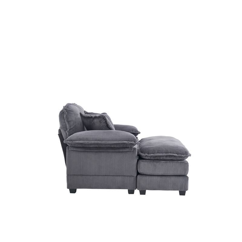 Grey Corduroy Single Deep Seat Sofa with Ottoman