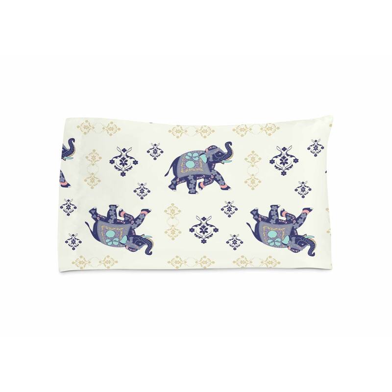 Mughal Elephant Pillow Case 30x20 in Indigo, Yellow, OffWhite Bed