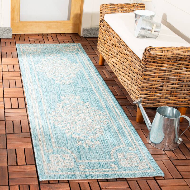 SAFAVIEH Courtyard Torlaug Indoor/ Outdoor Waterproof Patio Backyard Rug - 2'3" x 6'7" Runner - Aqua/Grey