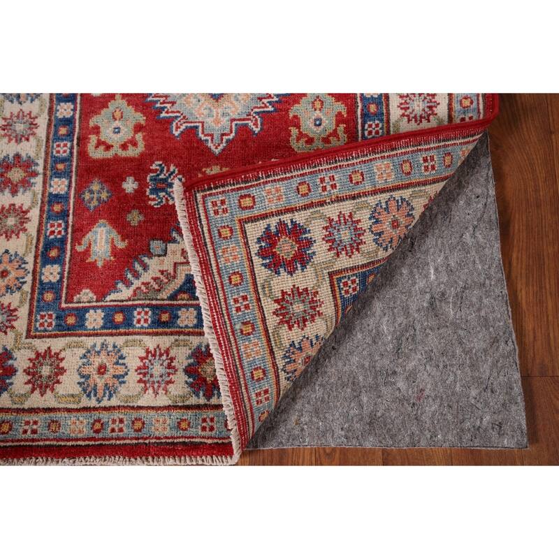 Red Geometric Kazak Runner Rug Hand-Knotted Wool Carpet - 2'7" x 9'8"