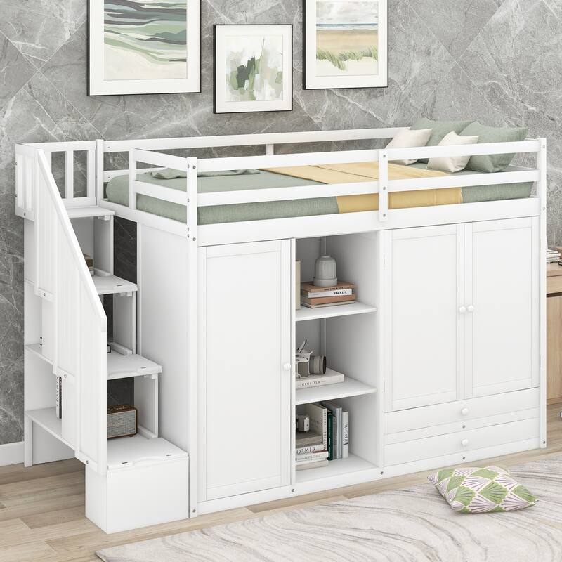 Twin Loft Bed with Wardrobes, Shelves, and Drawers, Space-Saving Design