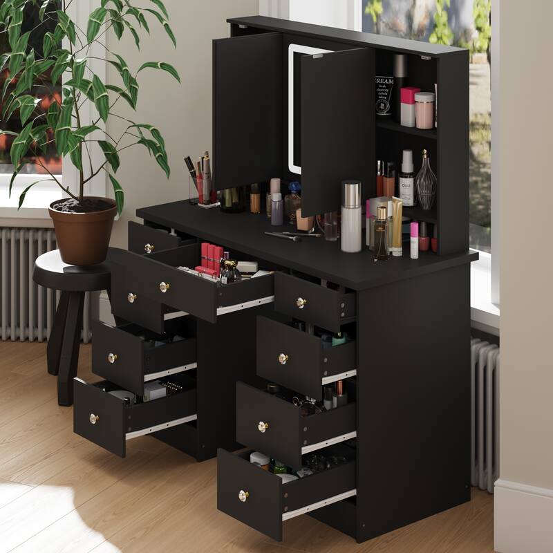 9-Drawer Vanity Set with Crystal Pulls and Versatile Mirror Lighting