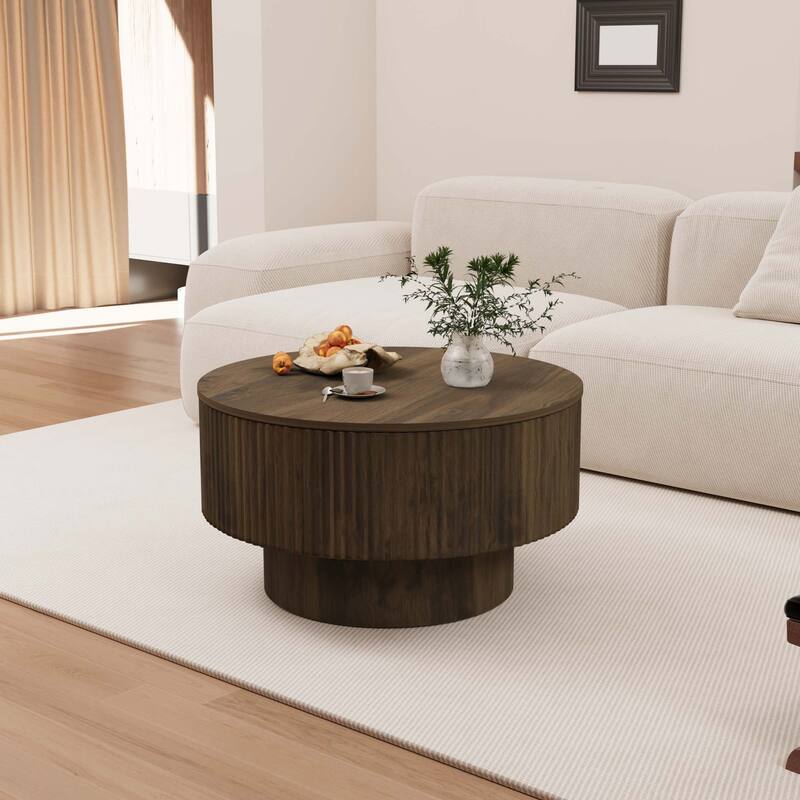 29.53" MDF Modern Circular Coffee Table, with Circular Stripe Design and Storage Space, Suitable for Home & Kitchen - Walnut