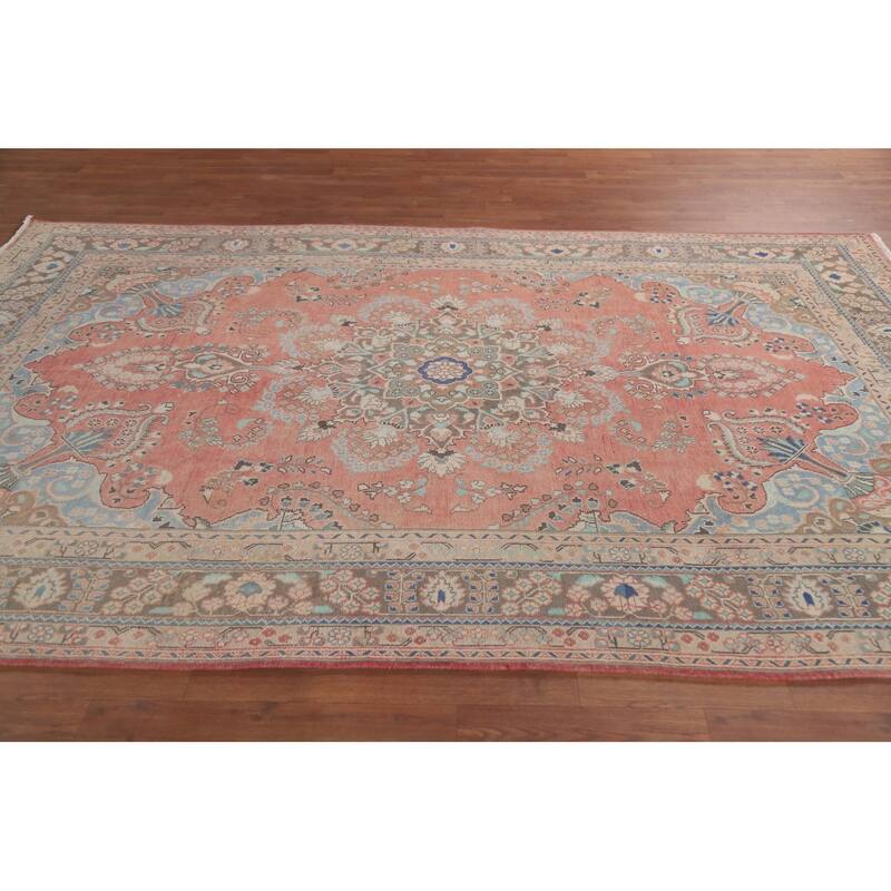 Hand Knotted Oriental 100% Wool Carpet Traditional Floral Pink Mashad Area Rug - 9' 5'' X 6' 2''