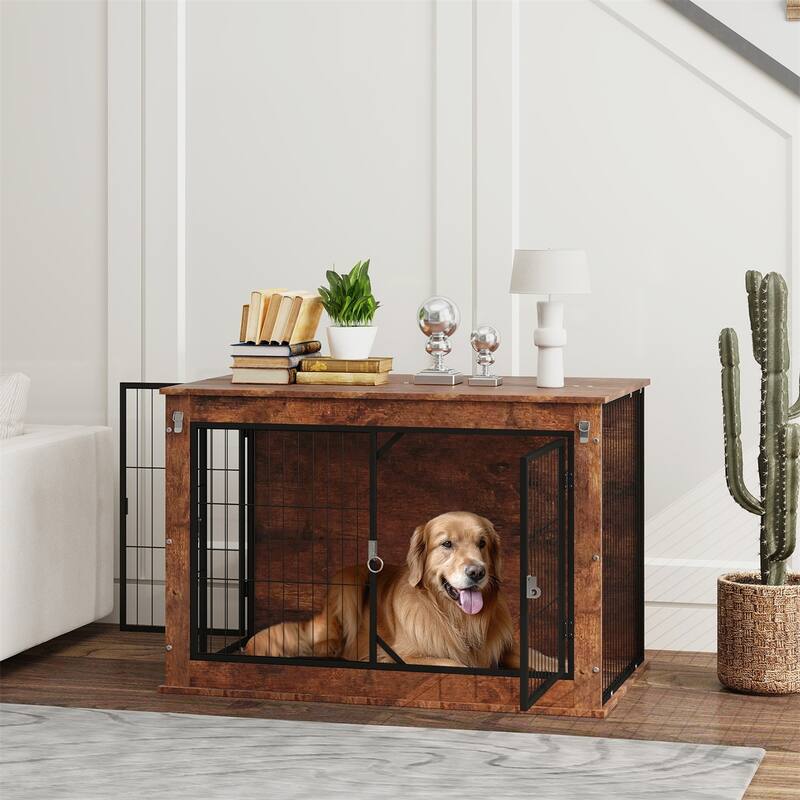 Rustic Brown Dog Crate Furniture with Dual Doors Top Opening Steel and Particleboard Construction for Large Dogs - Brown