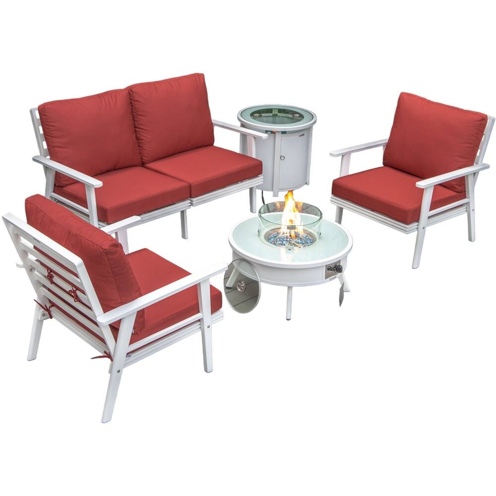 Walbrooke Modern 5-Piece Outdoor Aluminum Conversation Set of 3 Polyester Chairs, Fire Pit Table with Lid and Tank Holder
