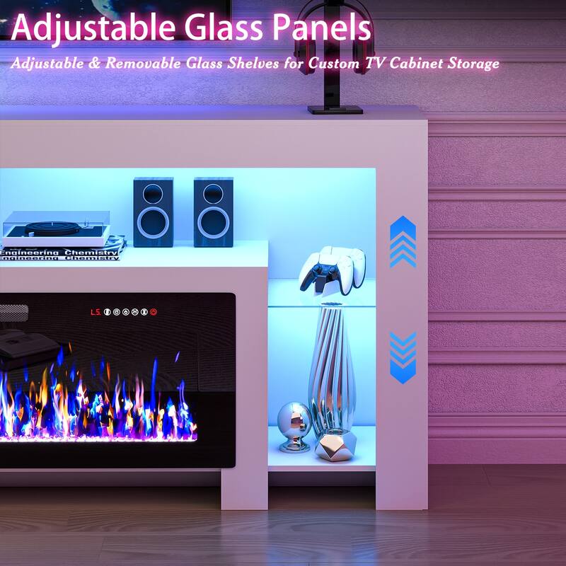 BOSSIN 82" Electric Fireplace TV Stand Entertainment Center, High Gloss with LED Lights, Holds TVs Up to 90 Inches, White