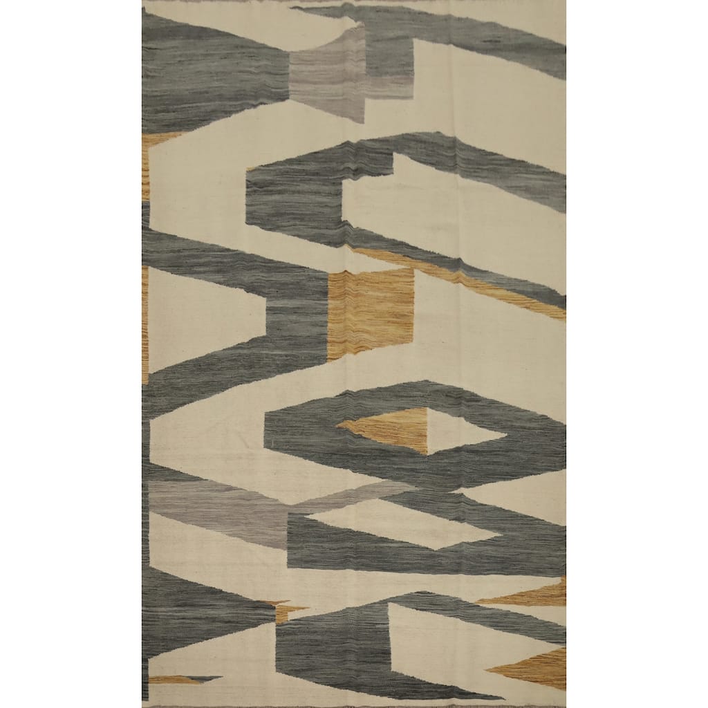 Hand Woven Oriental 100% Wool Carpet Southwestern Modern Beige & Ivories Kilim Area Rug - 10' 0'' X 6' 7''