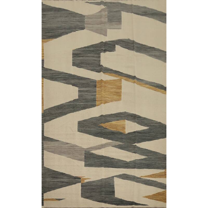 Hand Woven Oriental 100% Wool Carpet Southwestern Modern Beige & Ivories Kilim Area Rug - 10' 0'' X 6' 7''