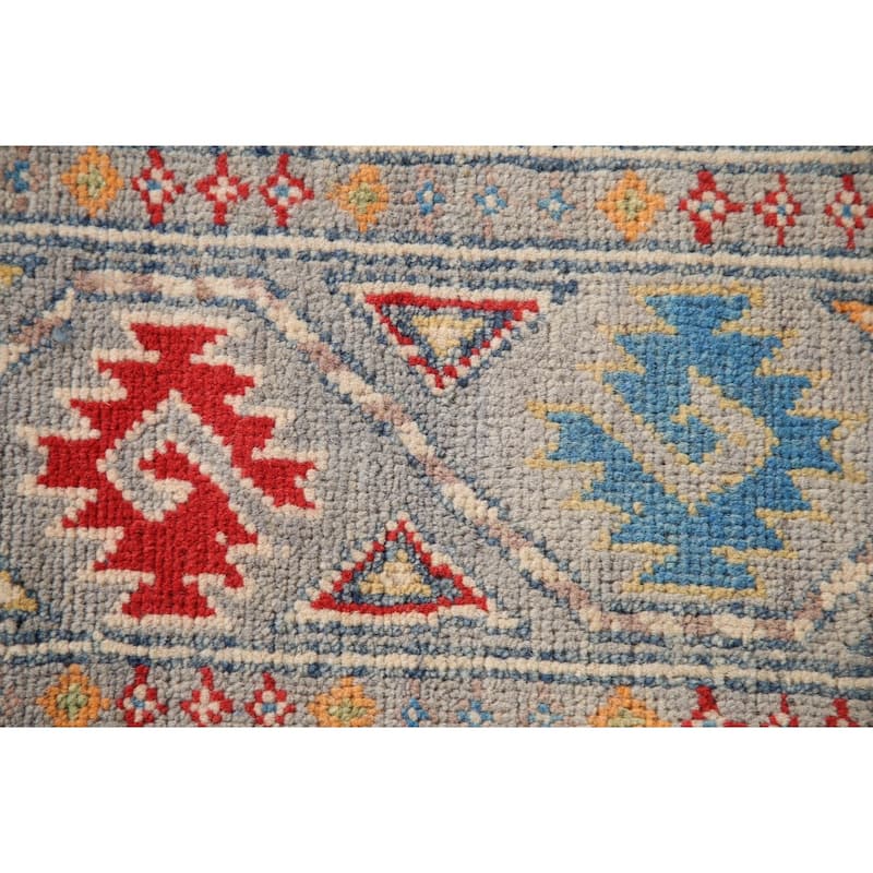Traditional Kazak Area Rug Hand-Knotted Grey Wool Carpet - 4'0" x 5'11"