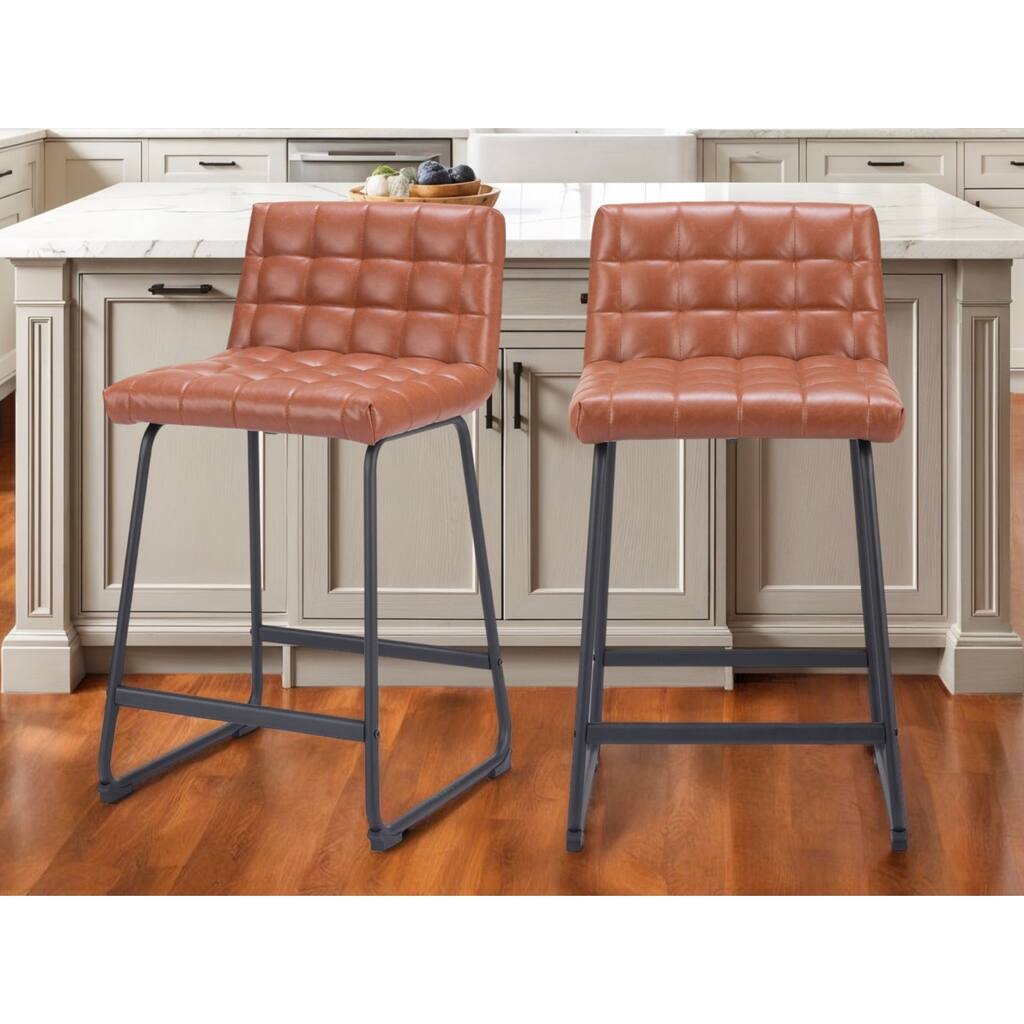 Set of Two 26" Brown And Black Faux Leather And Steel Counter Height Bar Chairs