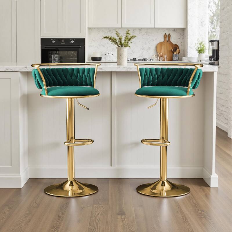 Velvet Upholstered Adjustable Bar Stool Swivel Counter Chair Set of 2 - Dark Green/Gold - Set of 2