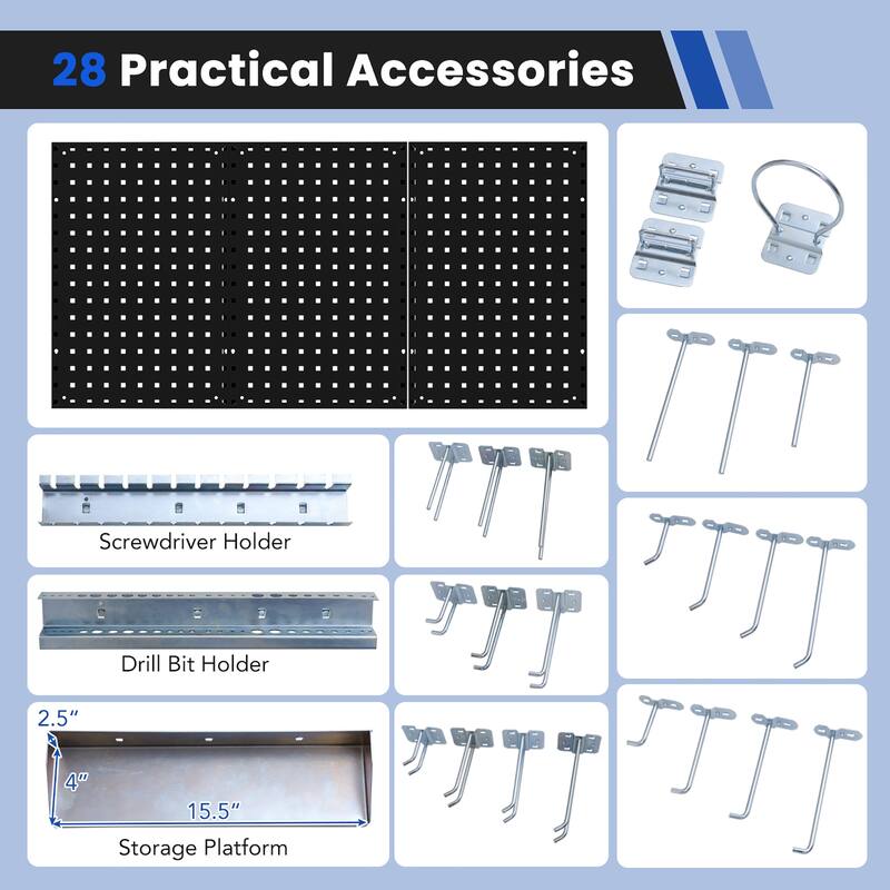Gymax 3 Pcs Pegboard Wall Organizer w/ 25 Hooks Drill Bit Holder