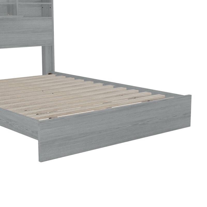 Queen Size Platform Bed,Wood Platform Bed Frame With Storage Headboard and Charging Station