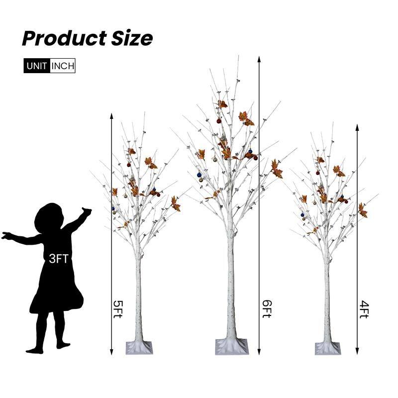 Grondin 3 Pieces Pre-Lit Christmas Lighted Artificial Birch Tree, 4FT 5FT 6FT White Lighted Birch Tree Set of 3
