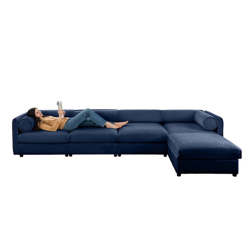 142.5" Chenille L-Shaped Sectional Sofa with Storage & Round Back