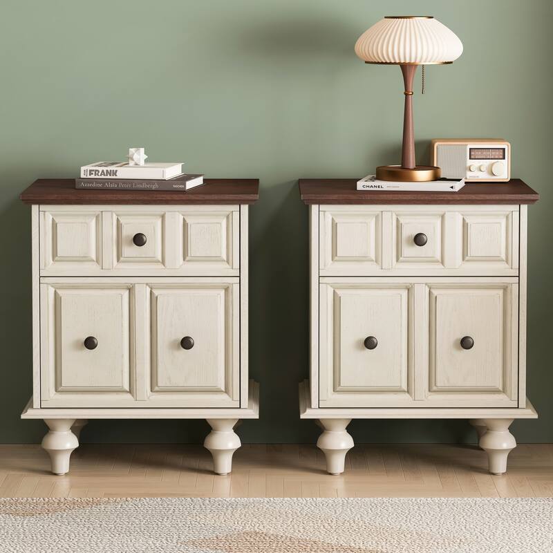 Vintage Nightstand with 2 Drawers and Roman Column Legs Set of 2