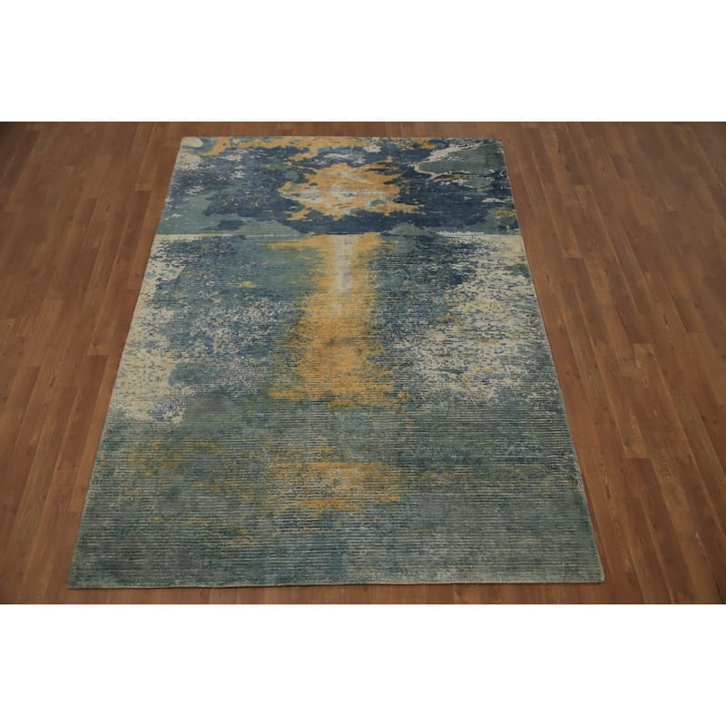 Hand Knotted Oriental Viscose Silk Carpet Modern Pictorial Multi-Colored Abstract Area Rug - 7' 8'' X 5' 6''