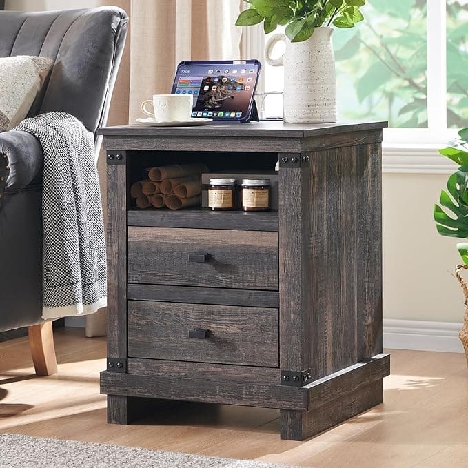 18" Farmhouse Nightstand with Charging Station, Night Stand, End Table
